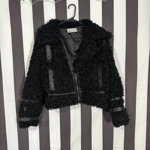 DH New York Palmer Teddy Bomber Jacket Leather Trim Full Zip Black Women's M - Picture 4 of 8